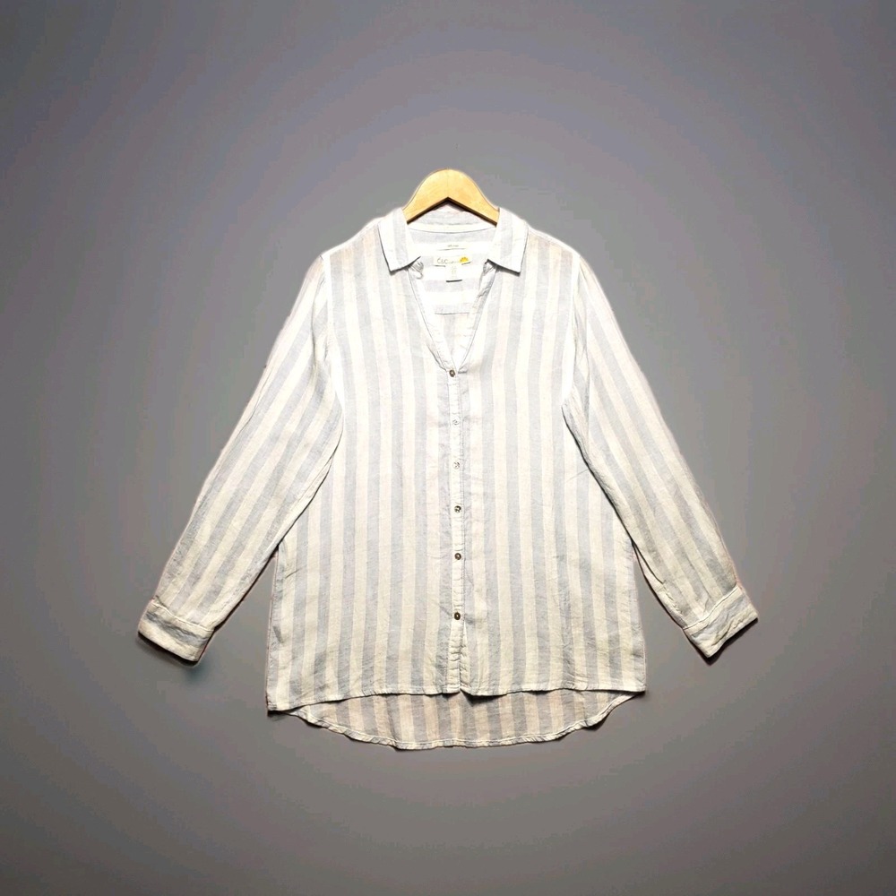C&C California Shirt Womens Medium White Blue Striped 100% Linen Button Roll Tab